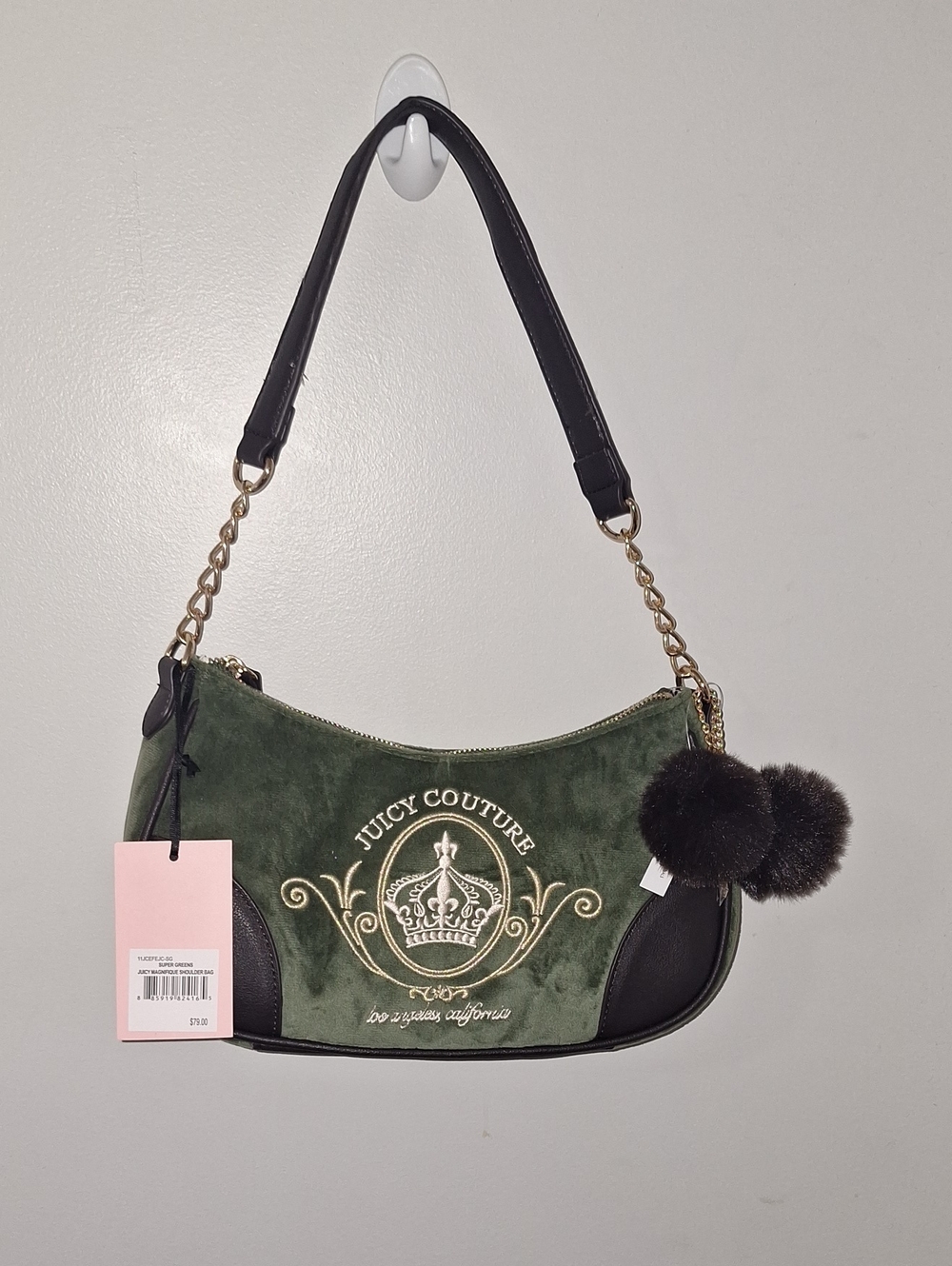 Juicy Couture Olive Green Suede Shoulder Bag with Pom Pom